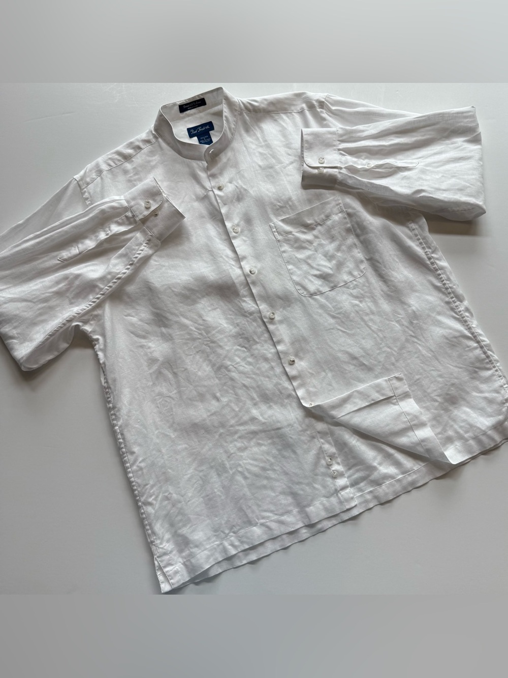 Paul Fredrick 100% Linen Men’s L Band Collar White Button Front Shirt